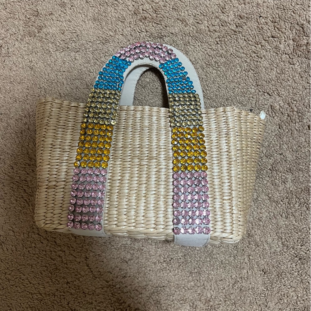 Multi-coloured rhinestone woven straw bag